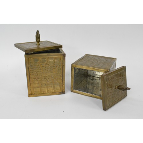 79 - A pair of vintage brass tea caddies,  brass oil lamp with glass shade and funnel, pair of candlestic... 