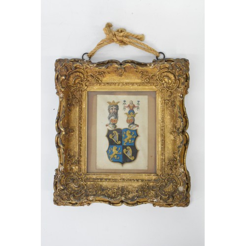 90 - Antique Gilt framed Coats of Arms, likely Continental, hand finished in watercolour. 25cm x27cm appr... 