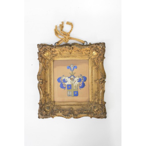 90 - Antique Gilt framed Coats of Arms, likely Continental, hand finished in watercolour. 25cm x27cm appr... 