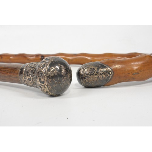 95 - 3 walking sticks, wood and cane. One with silver decoration hallmarked London.