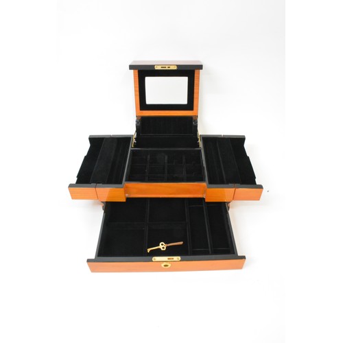 135 - Brand new jewellery box with two tone wooden design, with key