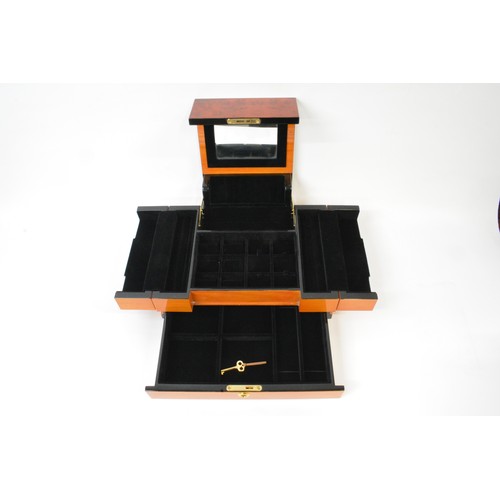 135 - Brand new jewellery box with two tone wooden design, with key