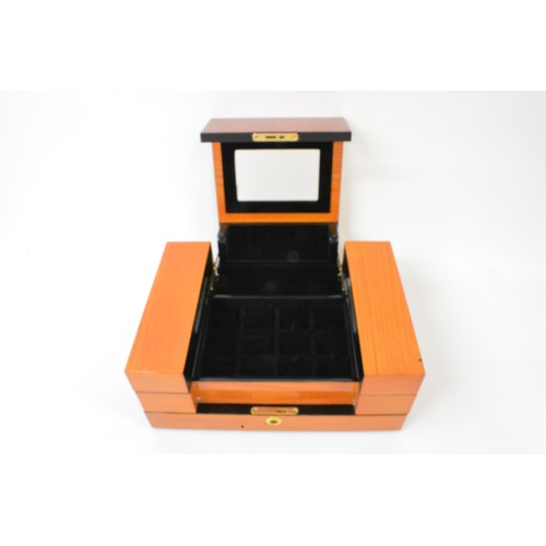 135 - Brand new jewellery box with two tone wooden design, with key