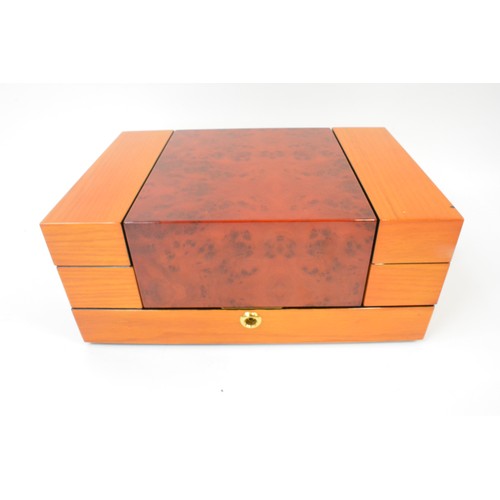 135 - Brand new jewellery box with two tone wooden design, with key