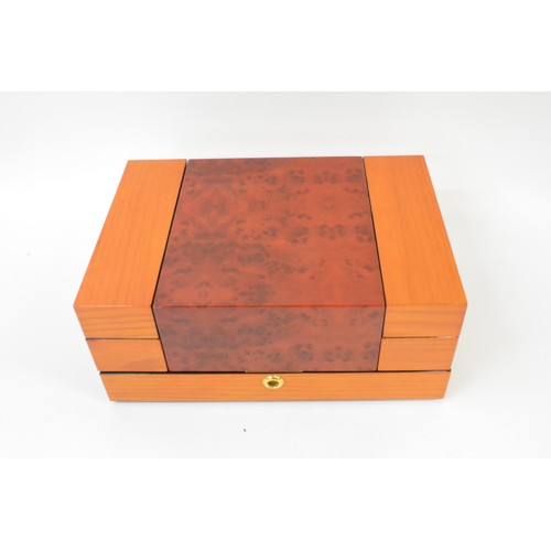 135 - Brand new jewellery box with two tone wooden design, with key