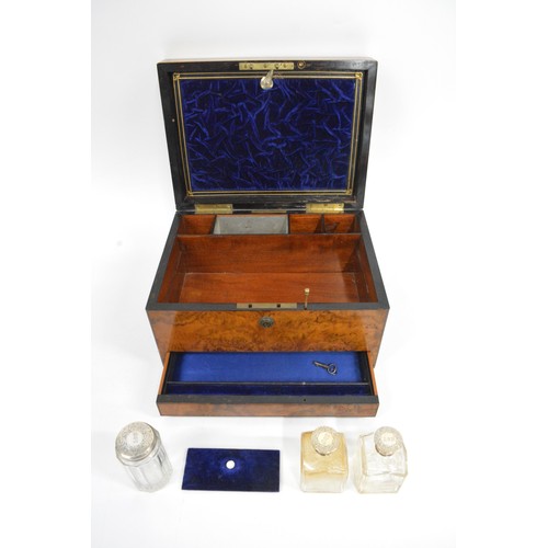 137 - Victorian walnut vanity box, fitted velvet interior with various glass jars, all with silver lids [a... 