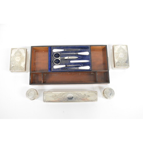 137 - Victorian walnut vanity box, fitted velvet interior with various glass jars, all with silver lids [a... 