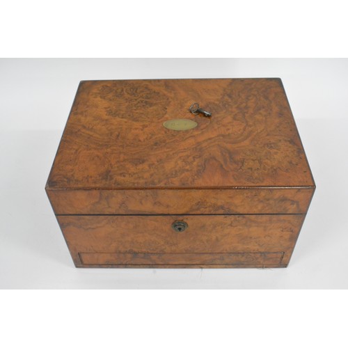 137 - Victorian walnut vanity box, fitted velvet interior with various glass jars, all with silver lids [a... 