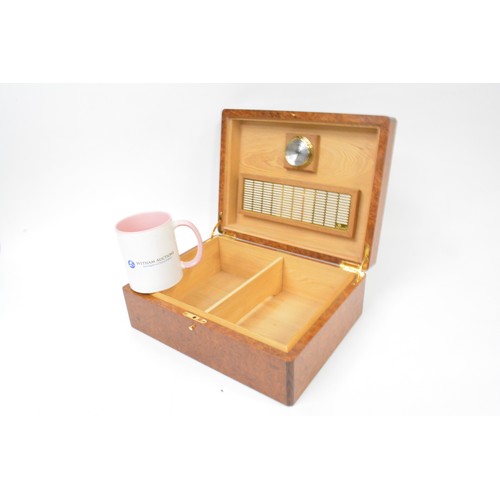 138 - Humidor cigar box, by Hillwood, burr finish with rising lid, approx L30cm