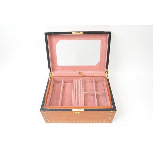 139 - Brand new large jewellery box with inlaid design to top, with key