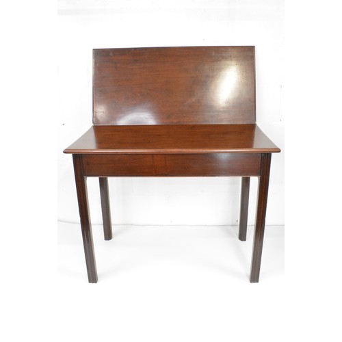 142 - Antique flip over mahogany card/tea table with straight panelled legs and brass hinges . dimensions ... 