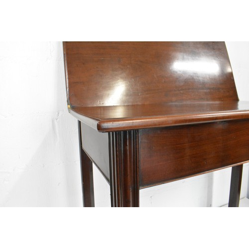 142 - Antique flip over mahogany card/tea table with straight panelled legs and brass hinges . dimensions ... 