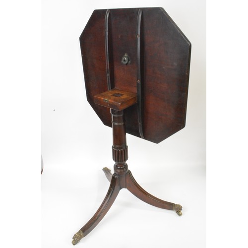 143 - Antique tilt top table with brass claw feet on castors