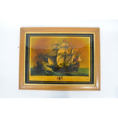 150 - The galleon 'Great Harry' flagship of the English fleet coloured glass print. overall frame size app... 