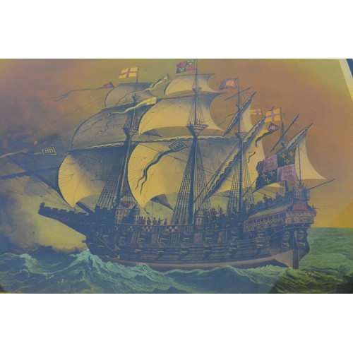 150 - The galleon 'Great Harry' flagship of the English fleet coloured glass print. overall frame size app... 