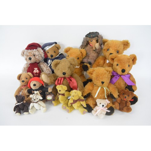 159 - Teddy bears, various sizes including Harrods, Marmite bear with bag, English teddy beard, womble bea... 