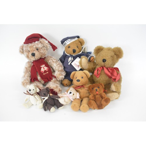 159 - Teddy bears, various sizes including Harrods, Marmite bear with bag, English teddy beard, womble bea... 