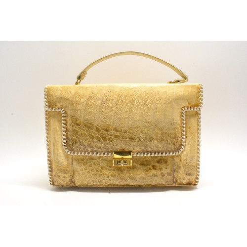 188 - Vintage Genuine Alligator Handbag cream exterior with a pale grey leather lining, white border stitc... 