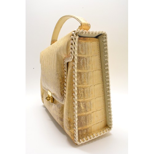 188 - Vintage Genuine Alligator Handbag cream exterior with a pale grey leather lining, white border stitc... 