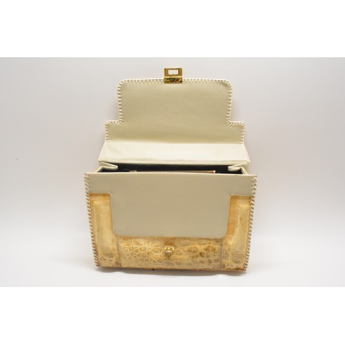 188 - Vintage Genuine Alligator Handbag cream exterior with a pale grey leather lining, white border stitc... 