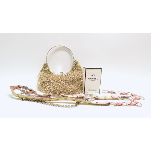 189 - Chanel No5 eau de parfum, 50ml, together with jewelled bag and bling belt