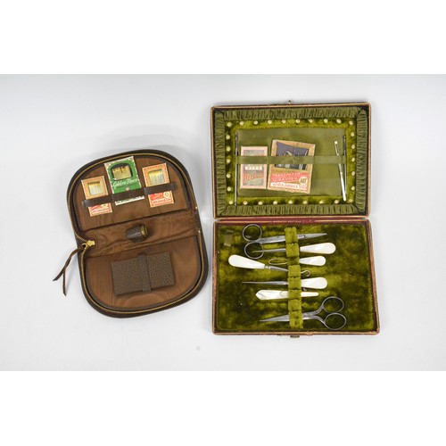 190 - Vintage manicure set in case, a vintage travel sewing set in case together with vintage gloves, belt... 