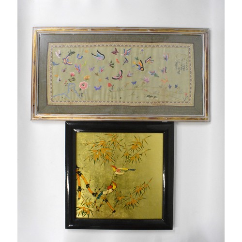 191 - A framed oriental silk with embroidered butterflies 
H 44cm L 84cm (approx)
with a square framed gil... 