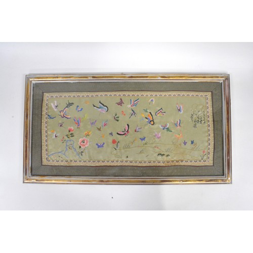 191 - A framed oriental silk with embroidered butterflies 
H 44cm L 84cm (approx)
with a square framed gil... 