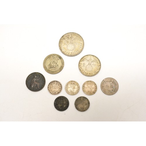 225 - mixed coinage lot to include georgian coinage, some dated 1837 and 1836, 1938 2 reich mark coin, a 1... 