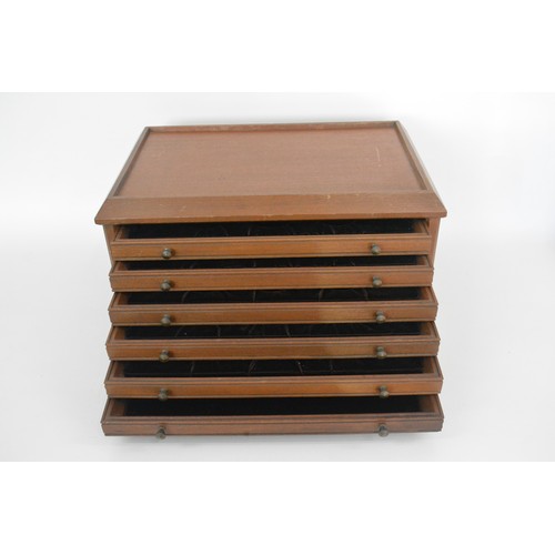 227 - 6 drawer, felt lined, coin collectors cabinet with carrying handles, size 44.5 cms x 24 cms x 29 cms