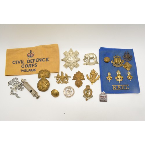 238 - Civil Defence Corps Welfarm arm band together with group of badges and buttons including WVS Civil D... 