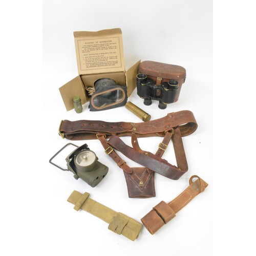 246 - Mixed military related items consisting Cased WW2 military binoculars  by Akershaw & Son No.81267, t... 