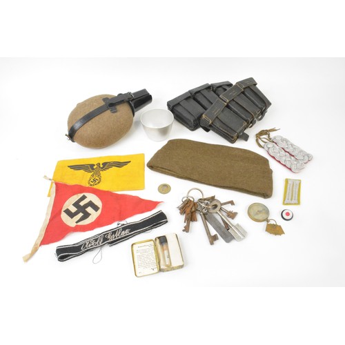 252 - x2 German Ammunition pouches, Decontamination kit, Insignias, flag, beaker, water flask, keys, compa... 