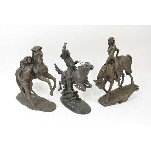 272 - Bronzed style resin statues to include native indian style, by Heredities, (x3 items)