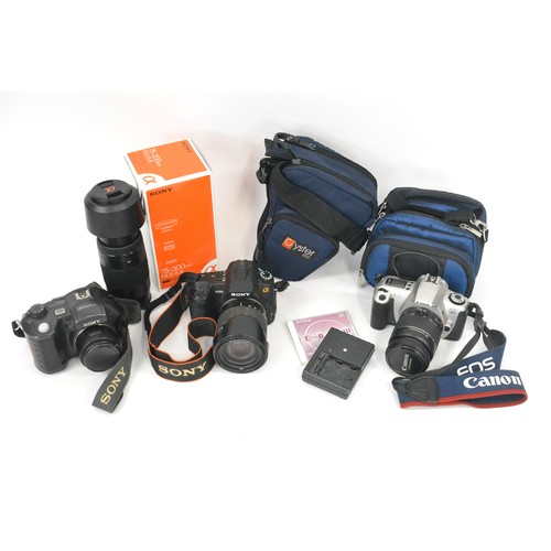 273 - Camera lot including  Sony camera model DSLR-A350, Sony MVC-CD500 , Cannon camera model EOS-300 and ... 