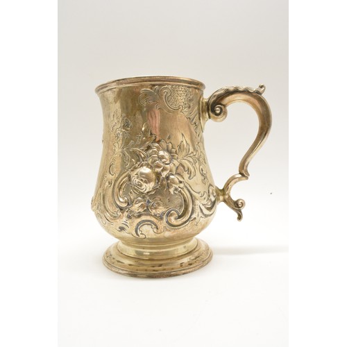 282 - Victorian Silver tankard,  embossed design, possibly Robert Harper, hallmarked London 1865, approx g... 