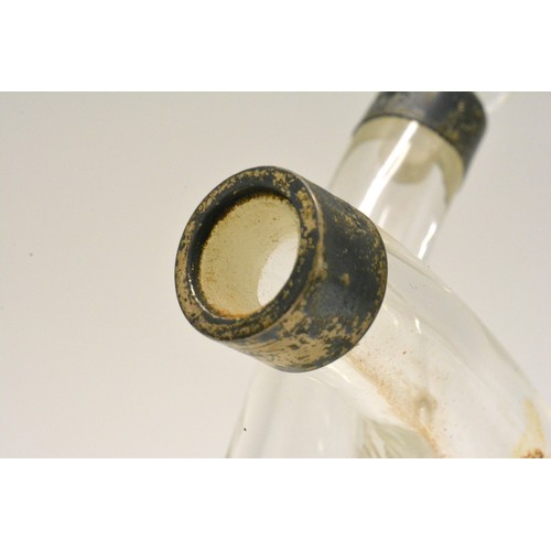 284 - Antique oil/vinegar bottle with silver hallmarked collars, London, glass ball stoppers.