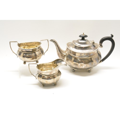 286 - Adie Brothers three piece silverware teaset consisting of a teapot dated 1928-9, milk jug, twin hand...