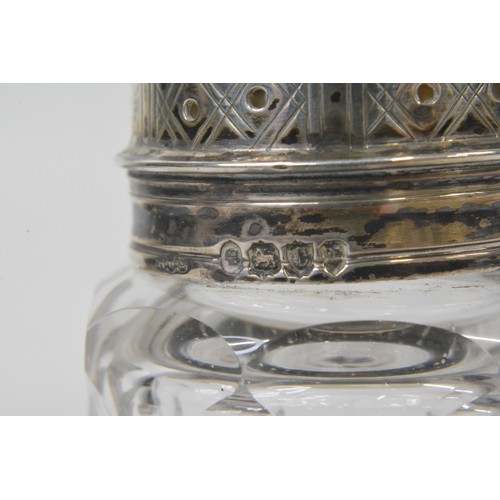 296 - Victorian sugar sifter with silver top, hallmarked hallmarked London together with Walker & Hall sil... 