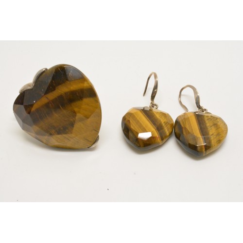 319 - Faceted Tigers eye large heart shaped ring with co-ordinating silver Tigerseye  earrings, both new w... 