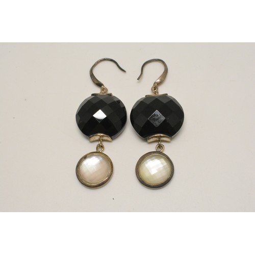 320 - Silver faceted black agate and mother of pearl items consisting ring, necklace and earrings, all sta... 