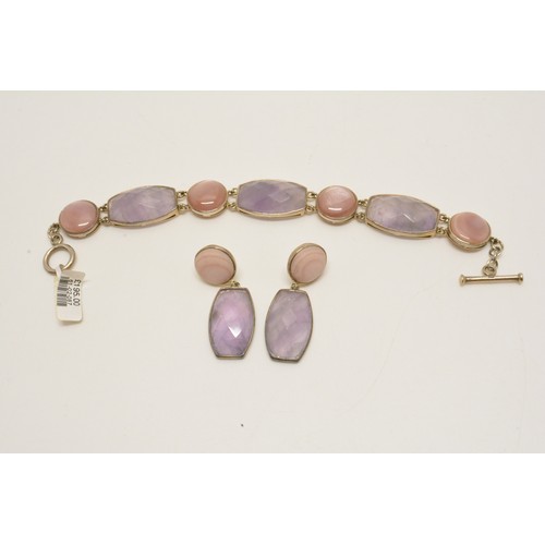 327 - Silver Amethyst and mother of pearl bracelet and earrings, new with tags, stamped 925.