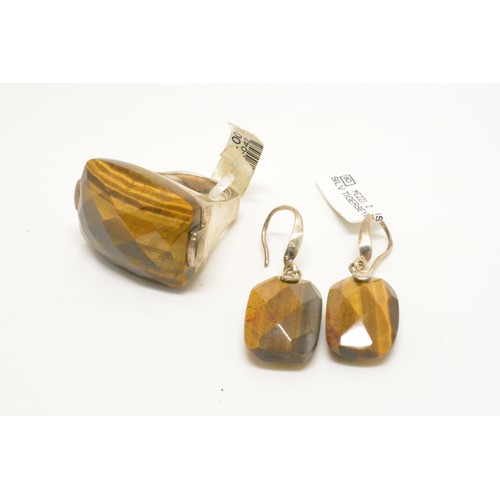 328 - Silver and faceted Tigers Eye rectangular ring together with co-ordinating Tigers Eye silver earring... 