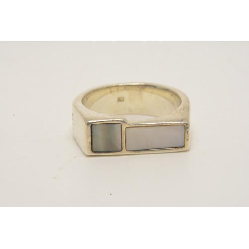 332 - Silver abalone ring marked Elle 925, size O, together with silver and red stone linier  design earri... 