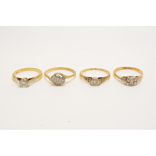 339 - x4 gold rings of varying styles,  all stamped 18ct. gross combined weight 9.4g.