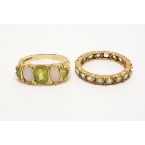 343 - x2 9ct gold rings, one with opal/green stone. Approx size M. Approx gross weight 5.35g