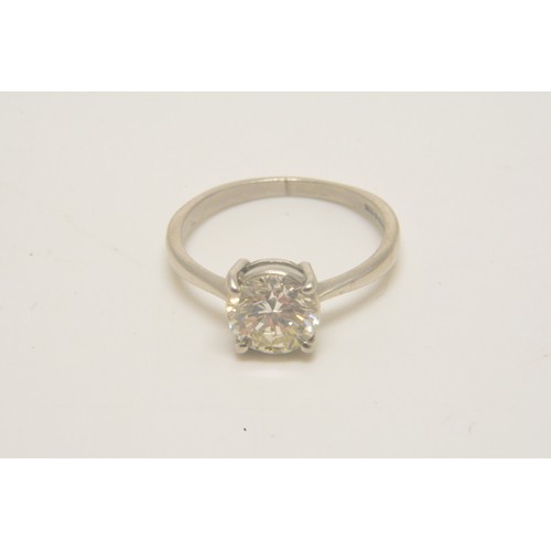 344 - Platinum solitaire ring set with round brilliant cut diamond, approx 1.5ct, approx colour J/K, appro... 