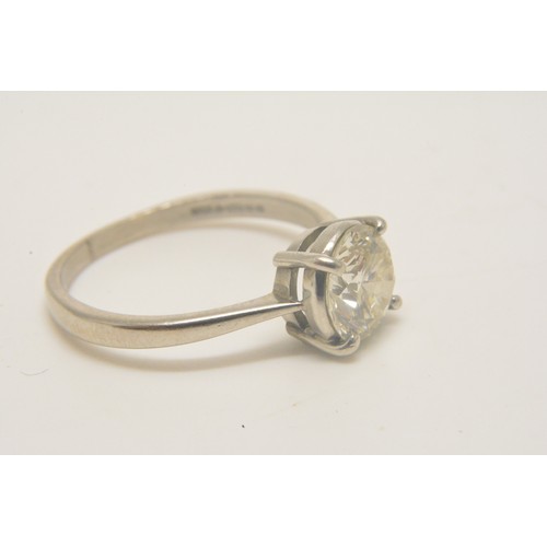 344 - Platinum solitaire ring set with round brilliant cut diamond, approx 1.5ct, approx colour J/K, appro... 