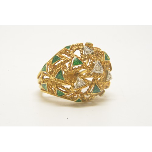 348 - Yellow gold diamond and green enamel ring stamped 750. Intricate rope and triangular design holding ... 