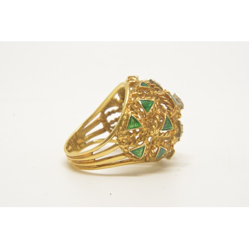 348 - Yellow gold diamond and green enamel ring stamped 750. Intricate rope and triangular design holding ... 